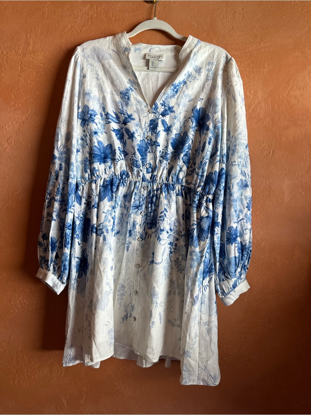 Calypso St. Barth Blue Floral Linen Blend Dress Size Large